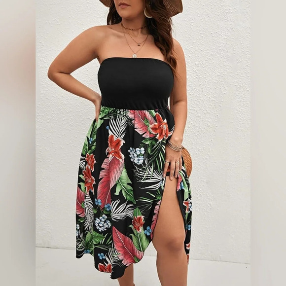 Shein-  Tropical Print Split Thigh A-Line Tube Dress - Picture 4 of 7